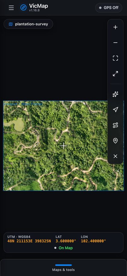 VicMap Android app 截图:无人机正射图配 GPS 定位与工具栏